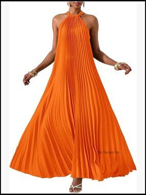 Polyester Pleated Halter Maxi Dress for Formal Summer Occasions